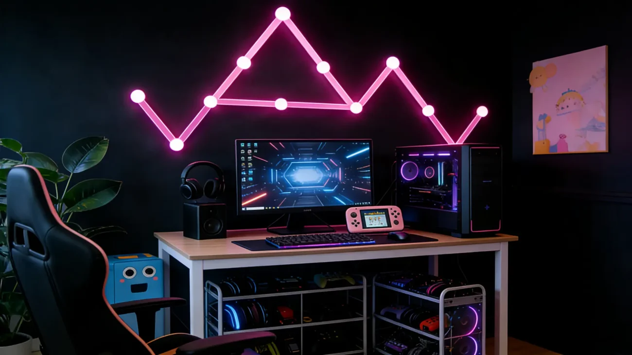 NebulaFlux RGBIC LED wall panels for gaming rooms, streaming studios, and bedrooms, featuring smart ambient lighting, customizable colors, music-sync effects, modular DIY layout, and app-controlled RGBIC effects by Gaming Hexagon Lights
