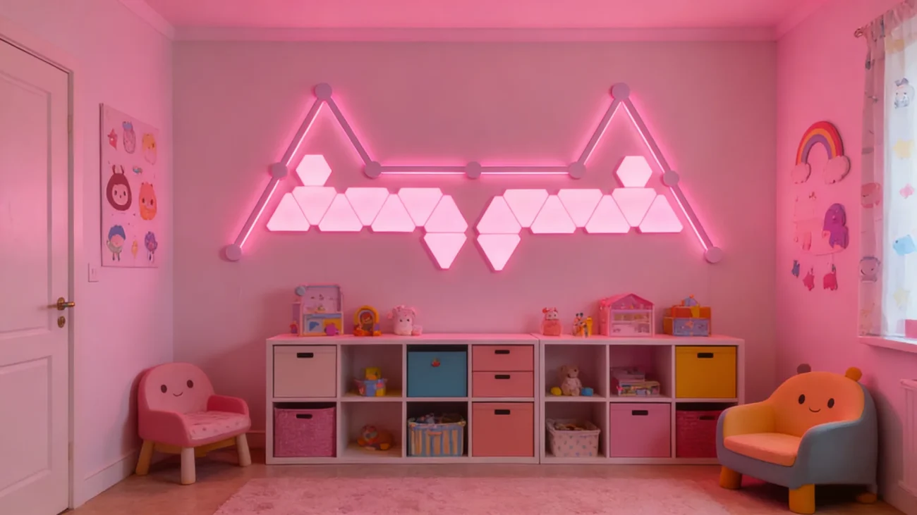 NeonArc RGBIC modular wall light kit with 8 starline bars, 16 small triangle panels, and 2 hexagon corner panels for gaming, streaming, and ambient room décor by Gaming Hexagon Lights