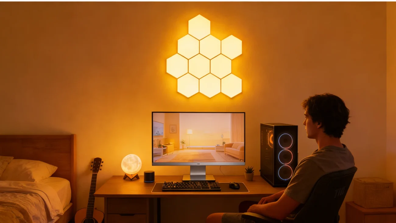 PrismHex RGBIC smart modular hexagon LED wall panels by Gaming Hexagon Lights, ambient lighting for gaming rooms, bedrooms, streaming setups, and modern home décor with customizable layouts.