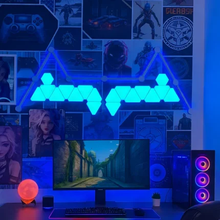 PulseMatrix RGBIC 26-piece DIY gaming wall light set with LED bar lights and triangle panels for immersive room décor by Gaming Hexagon Lights
