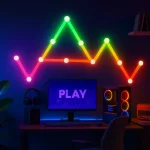 QuantumBeam RGBIC 12-piece modular LED wall light kit for gaming rooms, streaming studios, bedrooms, and home offices, featuring app-controlled RGBIC colors, dynamic music-sync effects, DIY layouts, and immersive ambient lighting by Gaming Hexagon Lights