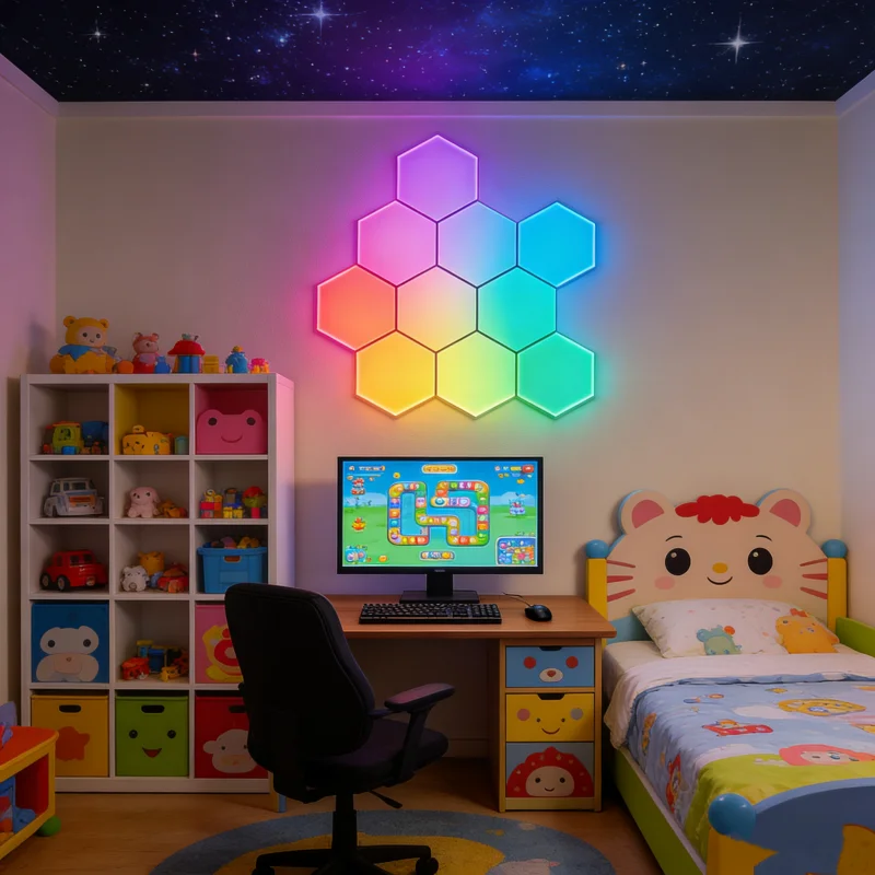 SpectraHex RGBIC smart modular hexagon LED wall panels by Gaming Hexagon Lights, dynamic ambient lighting for gaming rooms, streaming setups, bedrooms, and modern home décor with customizable layouts.
