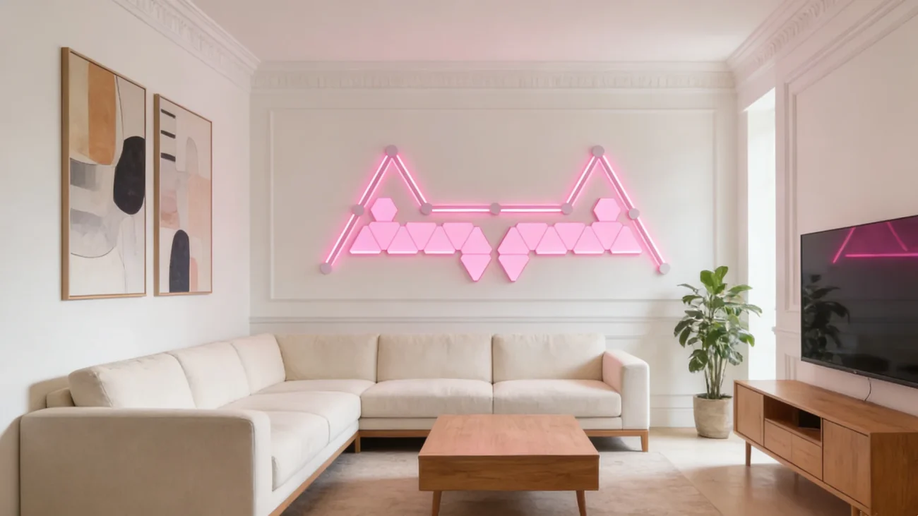 StarWave Smart RGBIC modular wall lights with 8 constellation bars, 16 triangle tiles, and 2 hexagon edge panels for gaming, streaming, and ambient room décor by Gaming Hexagon Lights