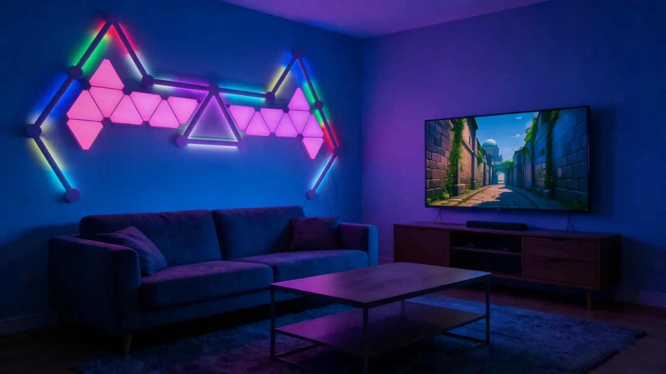 StellarBeam Smart RGBIC Wall Lights by Gaming Hexagon Lights – Modular Gradient Hexagon and Triangle LED Bars for Gaming Rooms, Streaming Studios, and Home Ambient Lighting