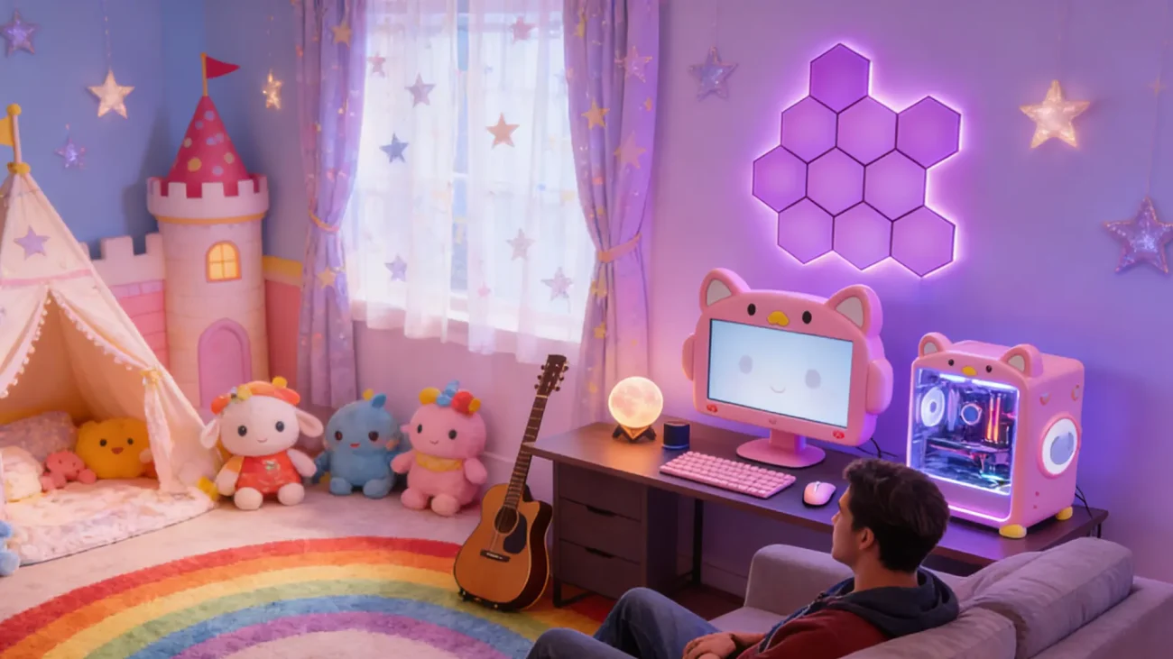VividHex RGBIC smart modular hexagon LED wall panels by Gaming Hexagon Lights, customizable ambient lighting for bedrooms, gaming setups, streaming backgrounds, and modern home décor.