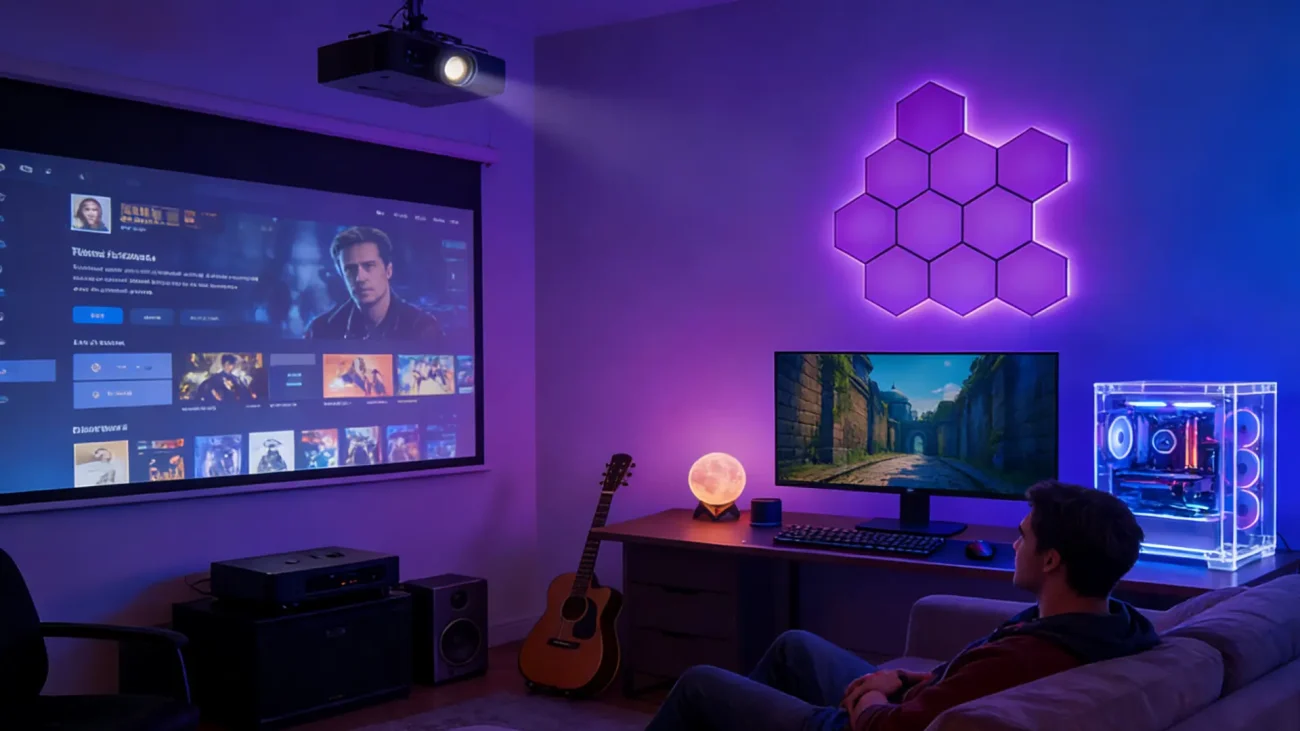 ZenGlow RGBIC smart modular hexagon LED wall panels by Gaming Hexagon Lights, ambient lighting for minimalist bedrooms, gaming setups, streaming backgrounds, and modern home décor.