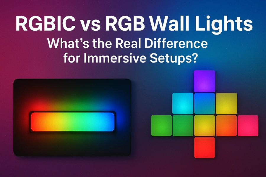RGBIC vs RGB wall lights comparison in a modern gaming room showing vibrant multi-color LED panels, dynamic gradients, and immersive ambient lighting for gamers and streaming setups in US, Canada, UK, Australia, and global markets.