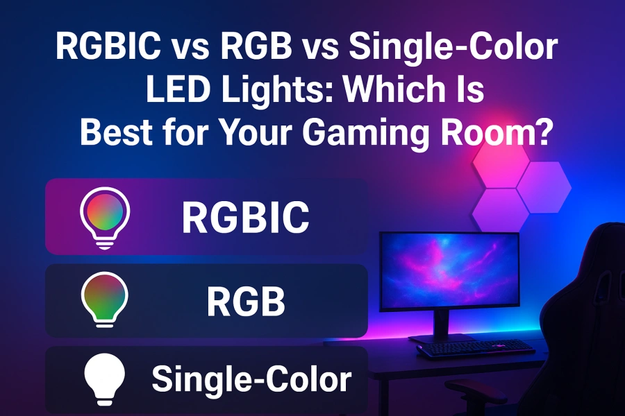 RGBIC, RGB, and Single-Color LED lights in a modern gaming room setup, showing dynamic ambient lighting effects, ideal for immersive gameplay and stylish gaming room décor – Gaming Hexagon Lights.