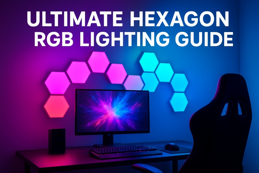 Hexagon RGBIC wall lights installed in a modern gaming room, featuring modular hexagon LED panels with gradient RGB lighting for immersive gaming, streaming setups, and contemporary home decor, popular in the US, Canada, UK, Germany, France, Australia, New Zealand, Italy, and Spain