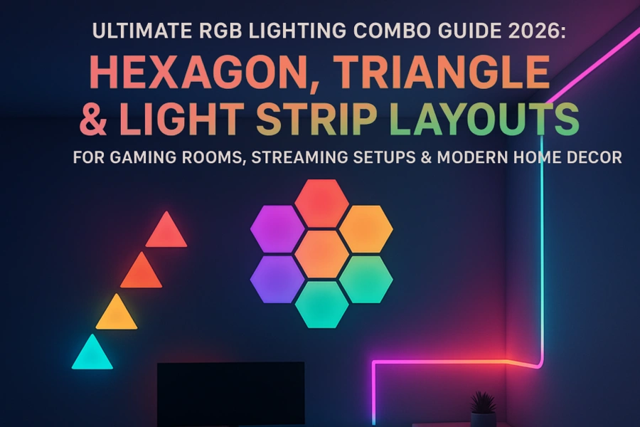 RGB hexagon panels, triangle lights, and LED strips arranged in a modern gaming room and home decor setup, showing immersive multi-color lighting and dynamic gradients for gaming, streaming, and stylish interiors.