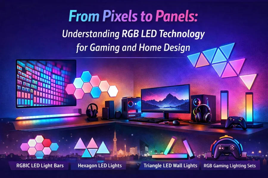 A modern gaming and home interior showcasing advanced RGB LED technology in 2026, featuring hexagon LED lights, triangle LED wall lights, and RGBIC LED light bars arranged on a clean wall layout. The lighting demonstrates smooth color gradients, multi-color RGBIC effects, and layered ambient illumination, illustrating how RGB LED technology evolves from digital pixels to modular lighting panels for gaming rooms, streaming setups, and modern home design worldwide.