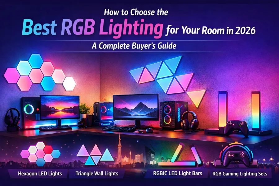 A modern medium-sized room showcasing a complete RGB lighting setup in 2026, featuring Hexagon LED Lights, Triangle LED Wall Lights, and RGBIC LED Light Bars. The room includes a gaming desk, ergonomic chair, and stylish shelving. Dynamic RGB colors create immersive ambient lighting for gaming, streaming, and modern home décor. This setup demonstrates layered lighting techniques, gradient transitions, and modular arrangements for small to large rooms across the US, Canada, New Zealand, Australia, Brazil, Argentina, UK, Germany, France, Italy, and Spain.