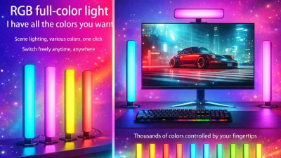 RGBIC ambient gaming light bars installed beside a desk and in room corners, featuring app-controlled multi-color gradient lighting and music sync effects. The smart LED light bars create immersive ambient illumination for gaming rooms, streaming setups, and modern home interiors, showcasing smooth RGBIC color transitions and customizable brightness suitable for users in the US, Canada, UK, Germany, France, Japan, Australia, New Zealand, and Italy.
