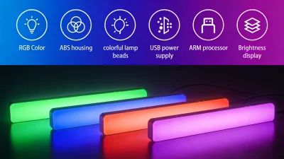 RGBIC gaming desk light bars placed beside a computer monitor, featuring Bluetooth app control and music sync lighting effects. The LED light bars create immersive ambient RGB lighting for gaming desks, streaming setups, and modern home workspaces, displaying smooth multi-color RGBIC gradients suitable for users in the US, Canada, UK, Germany, France, Japan, Australia, New Zealand, and Italy.