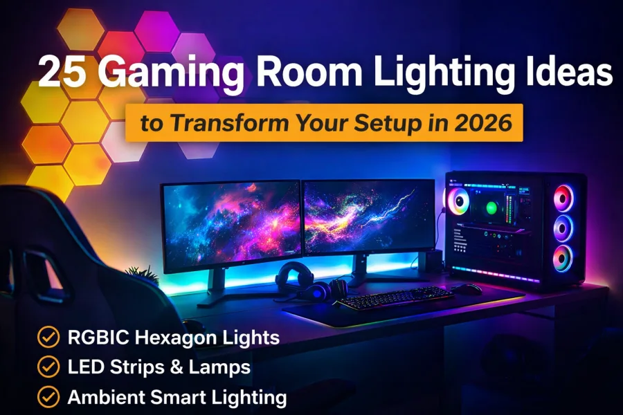 Gaming room lighting ideas with RGBIC hexagon wall lights, LED strips, and ambient RGB lighting creating an immersive gaming setup for modern gaming rooms in 2026