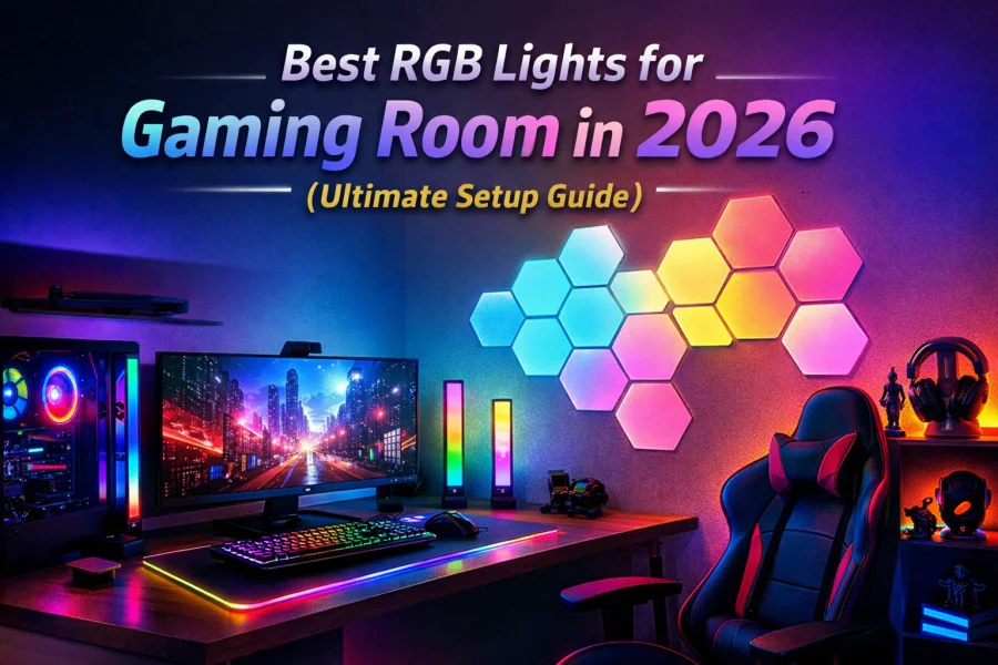 Best RGB lights for gaming room with hexagon wall panels, RGBIC light bars and immersive LED gaming setup lighting
