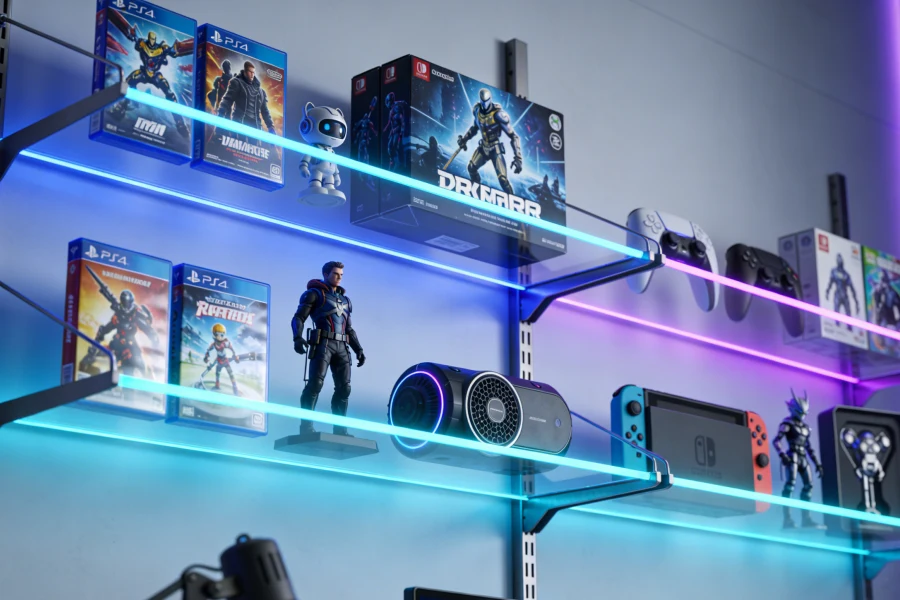 Gaming collectible display shelves with RGBIC hexagon wall lights and LED strip lighting creating premium RGB gaming room decor and illuminated showcase for figures and gaming collectibles