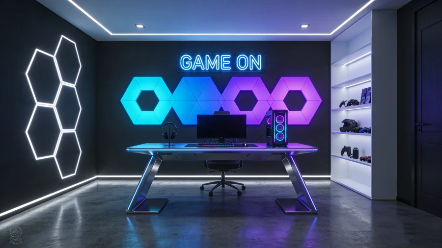 Futuristic gaming room battle station with RGBIC hexagon wall lights, immersive RGB ambient lighting, LED gaming desk setup, and modern gaming room decor for ultimate gaming setup 2026