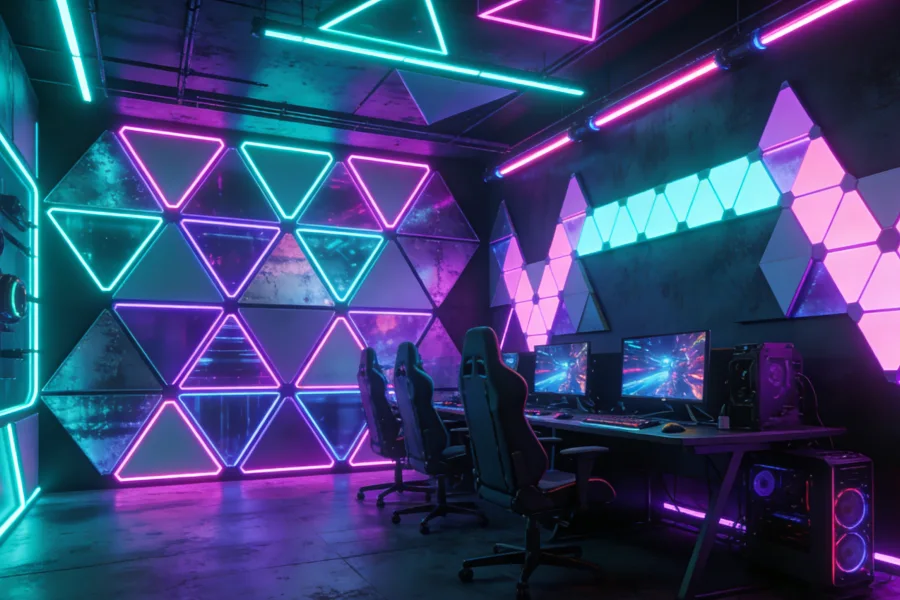 Geometric RGB gaming room lighting with triangle and hexagon LED wall panels and RGB LED strip lighting creating futuristic gaming setup and immersive gaming room decor