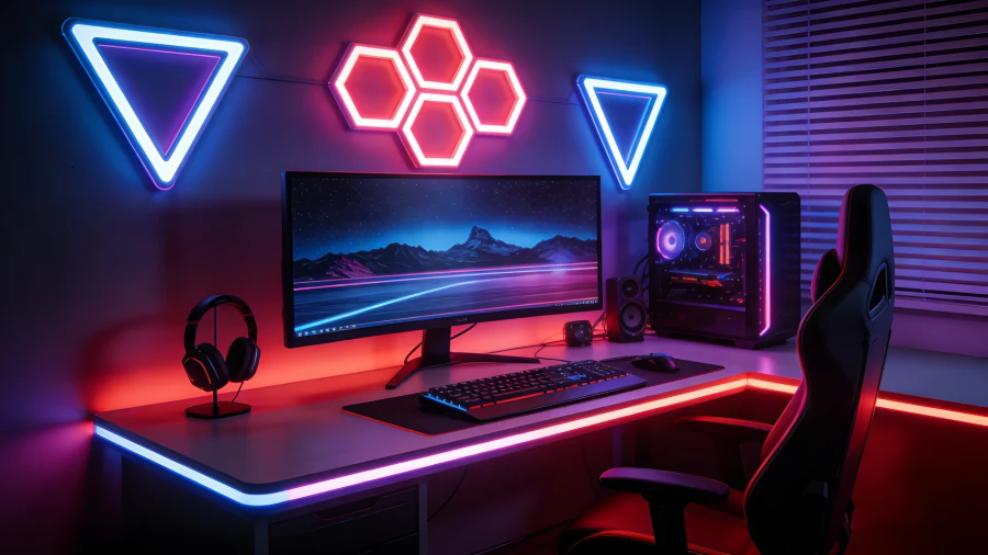 Gaming desk setup with triangle and hexagon RGBIC LED wall panels and full-length LED strip lighting creating hybrid perimeter glow and immersive RGB gaming room lighting