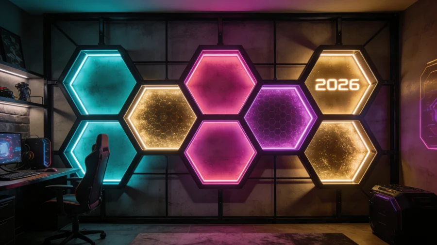 Interactive wall decor 2026 gaming room transformation featuring a honeycomb hexagon LED light mural, modern ambient lighting, immersive RGB setup, geometric wall panels, smart app control, and dynamic atmosphere design for gaming and streaming spaces — Gaming Hexagon Lights