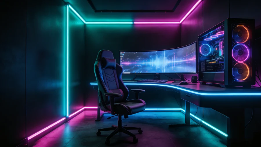 Rhythm-driven gaming 2026 setup featuring real-time music sync RGB lights pulsing to game audio, immersive ambient lighting, smart LED wall panels, dynamic sound-reactive effects, modern gaming room decor, and customizable app-controlled hexagon lighting — Gaming Hexagon Lights