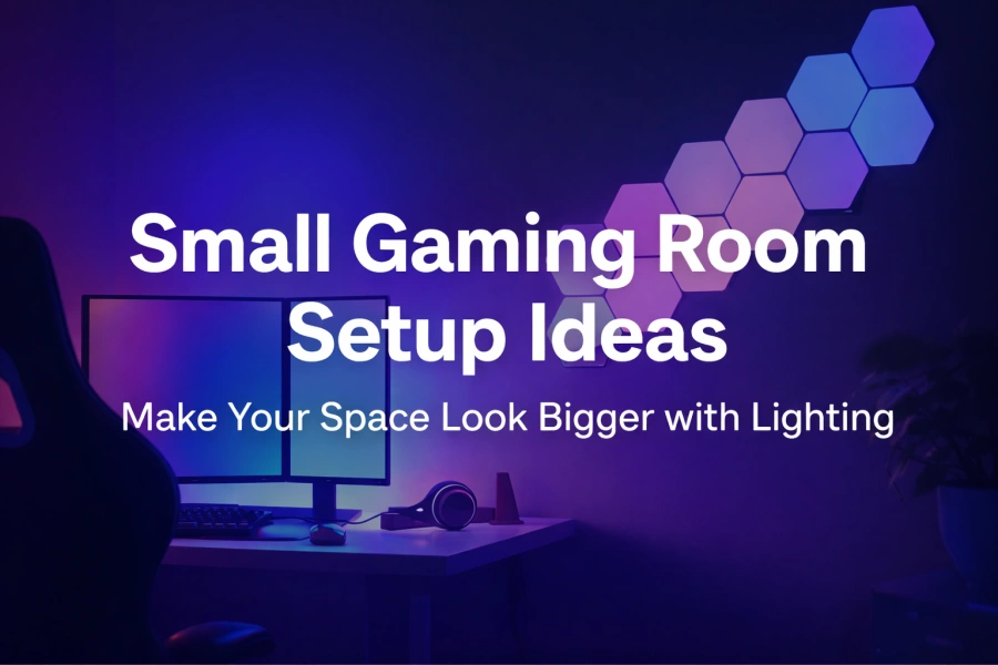 Small gaming room setup ideas to make your space look bigger using LED and RGB lighting, ambient wall panels, and creative lighting layouts by Gaming Hexagon Lights.