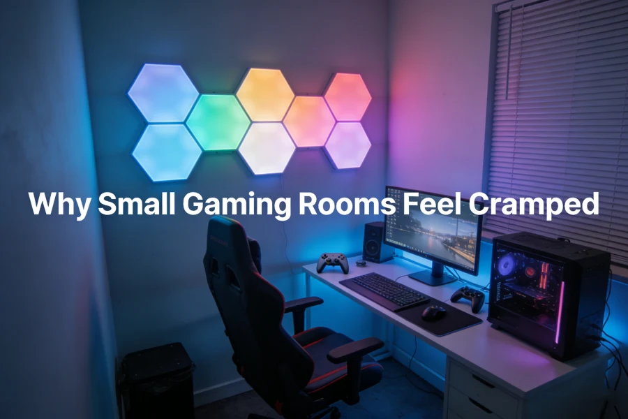 Hexagon LED panels feature wall for small gaming room lighting design with RGB ambient glow by Gaming Hexagon Lights