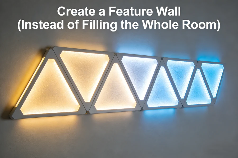 Gradient LED lighting in a small gaming room creating ambient light and depth visual effect with Gaming Hexagon Lights