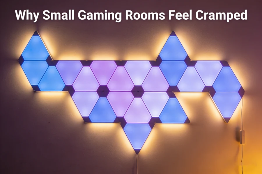 Layered lighting setup in a small gaming room with RGB LED panels creating depth effect by Gaming Hexagon Lights
