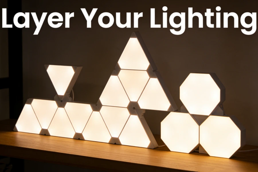 Minimalist gaming room lighting setup with triangle LED wall panels, perfect for small spaces, featuring ambient RGB glow and sleek modern design by Gaming Hexagon Lights.